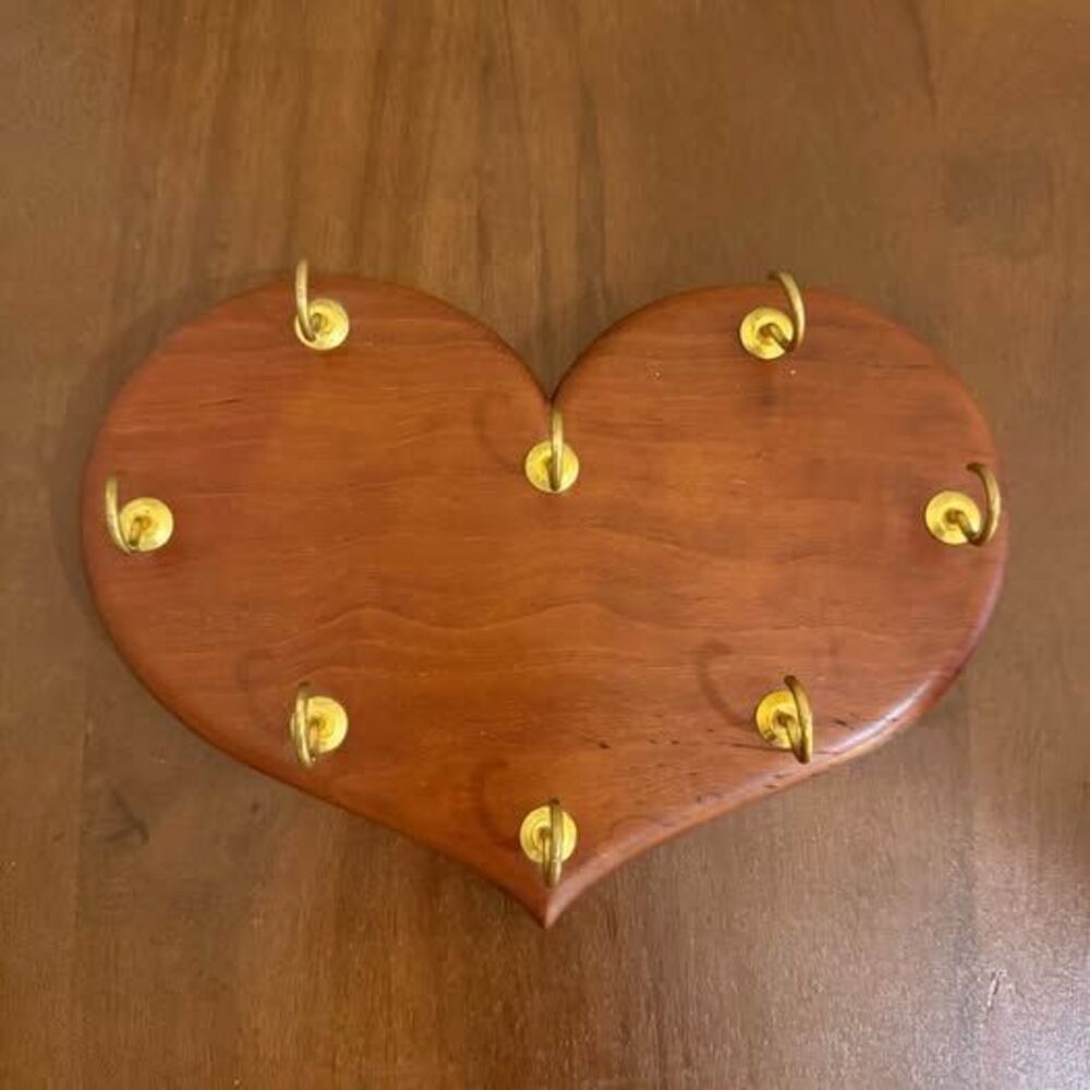 Handmade Wooden Heart Wall Key Holder Jewelry Organizer 8 Brass Hooks Vintage